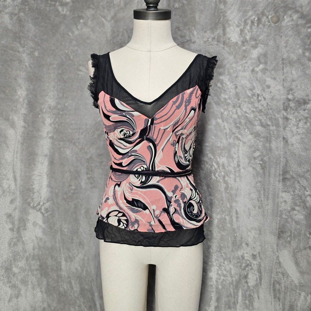 Y2K Silk Babydoll Tank Top Womens XS Pink Abstract Swirl Sheer Fairycore Dainty